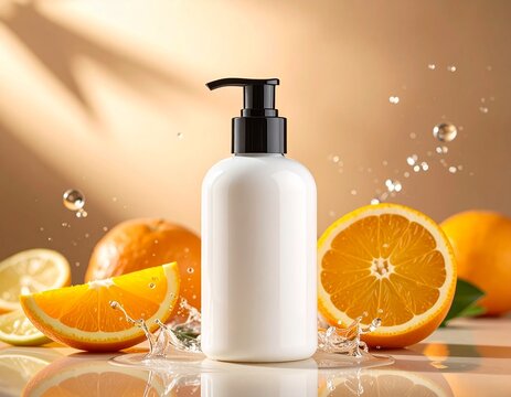 White cosmetic pump bottle surrounded by fresh orange slices and water splashes.