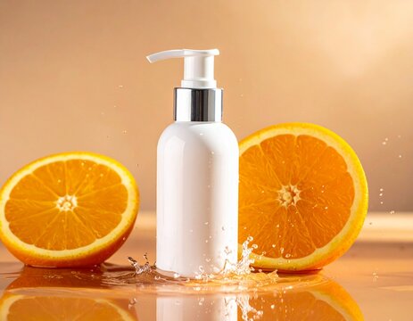 White cosmetic pump bottle with fresh orange slices and water splashes.