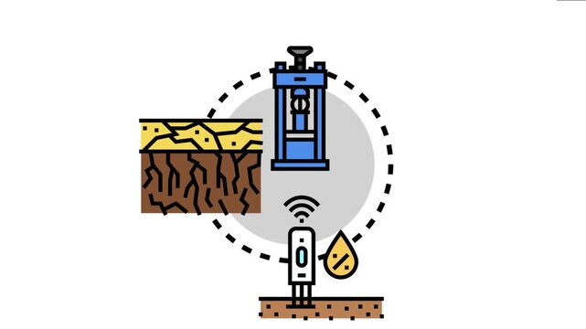 Soil engineering concept the moisture density relationship proctor test, showing soil layers, a compaction machine, and a moisture sensor measuring water content in the ground