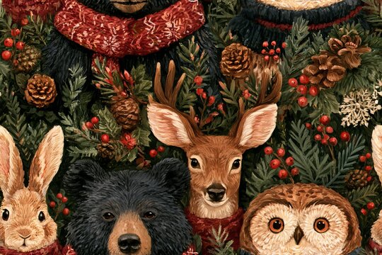 Seamless woodland Christmas pattern with bear, deer, rabbit and owl wearing scarves, evergreen sprigs, pinecones, snowflakes and berries in earthy green, brown, burgundy and cream, watercolor gouache