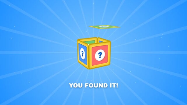Cartoon mystery box with question mark icon and you found it text overlay.