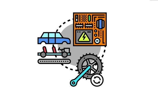 Parts diagram modularity, assembly, upgrade, and customization concepts, featuring vehicle components, electronic circuit boards, and a bicycle crankset