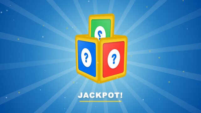 A colorful mystery box with question marks representing a digital mega win concept.