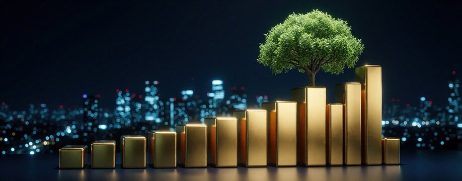 Golden bar chart showing financial growth with green tree on top. Concept of sustainable investment, eco-friendly business progress. Blurred city lights background urban economy, green energy future.