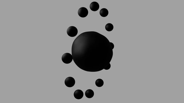Abstract black 3D metaball sphere releasing small spheres that orbit and merge back, seamless loop background, 4K