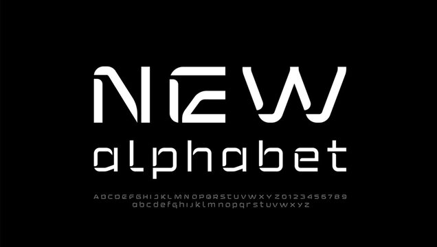 Technical future font, digital cyber alphabet, white lowercase and uppercase letters and numbers, vector illustration 10EPS