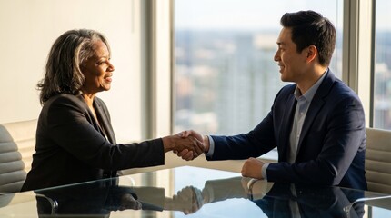 Naklejka na ściany i meble Professionals shaking hands in high rise office with city view