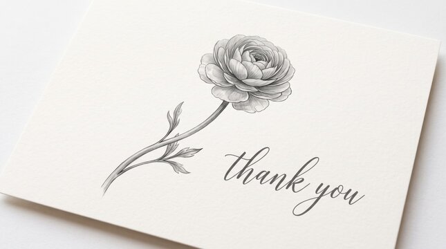 Elegant floral thank you card with vintage pencil flower drawing, minimalist off-white greeting card mockup, delicate hand drawn botanical note