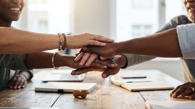 Diverse team stacking hands together showing unity, collaboration, commitment at wooden office table