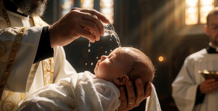Priest pours holy water on newborn baby head during church baptism ceremony. Clergyman performs christening ritual in cathedral with sunlight. Infant receives spiritual blessing, religious