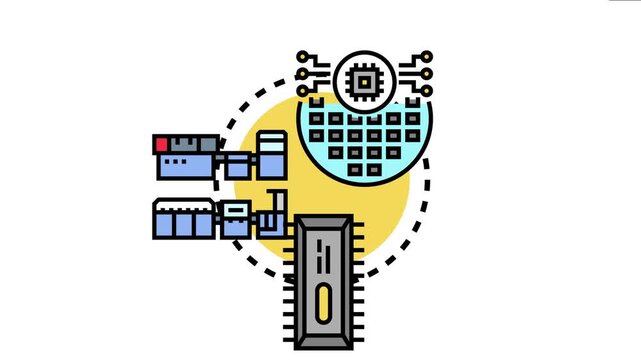 Illustration depicting the modular assembly and manufacturing process. Showcasing interconnected components from small chips on a wafer to a larger integrated circuit. Symbolizing efficient production