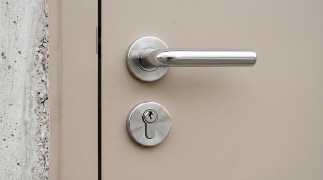 Modern stainless steel door handle and round lock cylinder on a beige contemporary entrance door for home security, privacy and residential access concept.