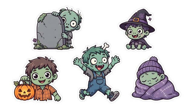 Kawaii Zombie Kid Halloween Sticker Set, Cute Monster Character with Grave, Pumpkin and Blanket Vector
