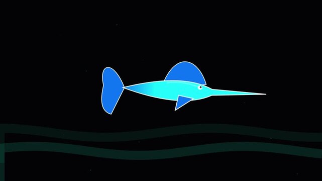 A vibrant blue swordfish glides gracefully through the dark depths of the vast ocean waters as it hunts for prey during its daily migration across the deep sea currents of the tropical marine