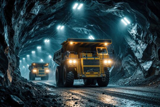 Large yellow mining dump trucks drive through dark underground tunnel. Heavy machinery transports ore, rocks in deep mine. Industrial excavation scene with bright artificial lights illuminating rocky