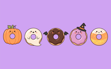 Fototapeta premium Cute cartoon halloween donuts decorated with pumpkin ghost bat witch hat and spider on a purple background