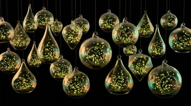 Glowing glass terrariums filled with tiny fireflies hanging against black background