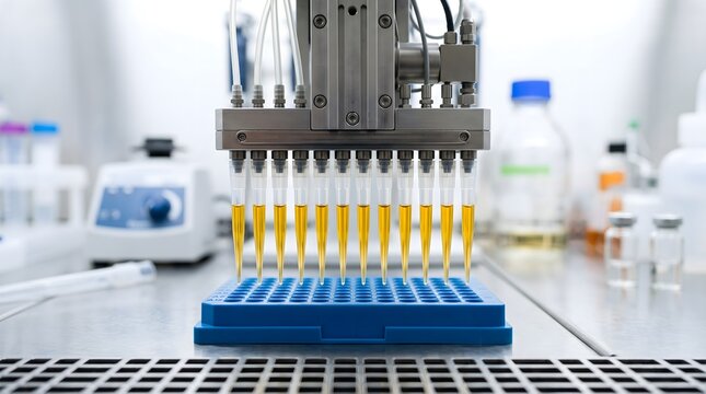 Robotic liquid handling system dispensing yellow fluid into a microtiter plate in a laboratory for drug discovery and medical research applications.