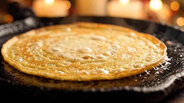 Pancakes Cooking in a Cast Iron Skillet, Sizzling and Browning with a Warm, Inviting Glow. and Breakfast and Food