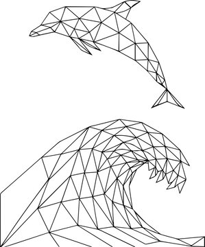 Abstract Line Art of Dolphin Jumping Over Ocean Wave in Vector Form