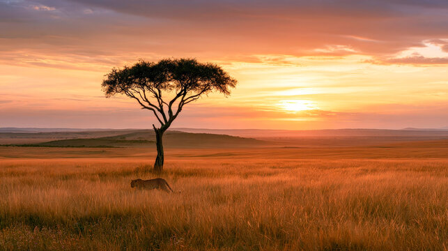Lone acacia tree and cheetah silhouette in African savanna at sunset with golden grass and dramatic orange sky