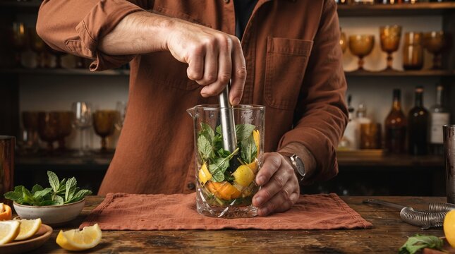 Bartender muddles herb stems and citrus peel infusion