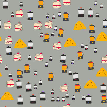 Kitchen Appliances Gift Boxes and Nachos Seamless Pattern