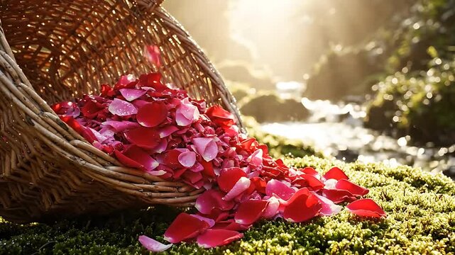 Wicker Basket Overflowing with Red Rose Petals Gently Falling Onto Mossy Rocks in a Sunlit Forest Stream. and Falling Petals