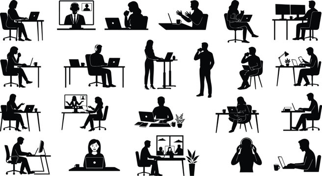 Black and white office workers remote hybrid meeting