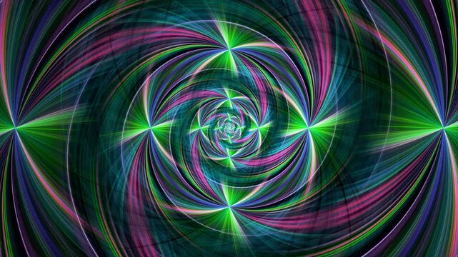 Abstract background rhythmical motion, wavering on black. Rotation of different colors vibes, fluids, rays on black. Combination of fractal particles makes beautiful illumination. 4K UHD 4096x2304