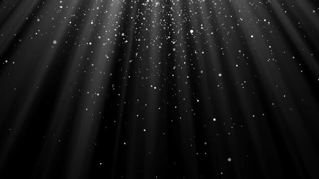 White light rays monochromatic beam top down particles cinematic abstract backdrop, floating flying glitter particles in air mist, divine sun rays atmospheric vfx black background. 4k