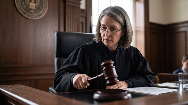 Female judge holding a wooden gavel while presiding over a courtroom hearing