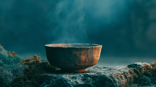Rustic ceramic tea bowl resting on textured stone surface with wisps of rising steam for zen meditation concept imagery.