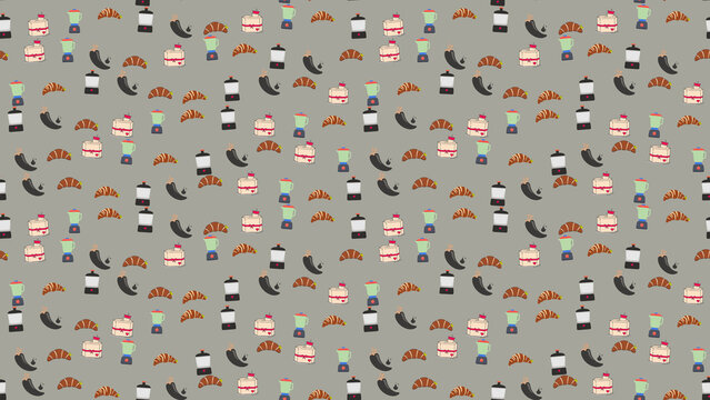 Seamless pattern of kitchen items and food illustrations