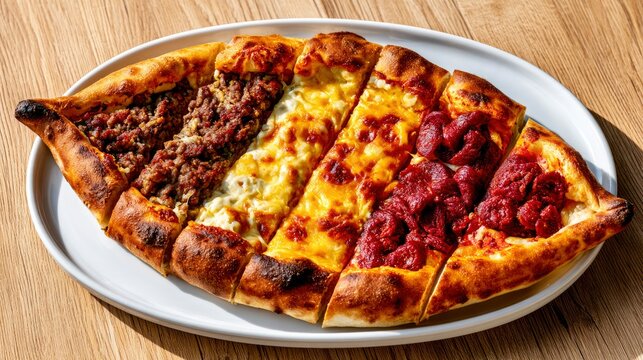 Turkish pide flatbread assortment sliced on a wooden table with sharp focus for restaurant menu and culinary marketing