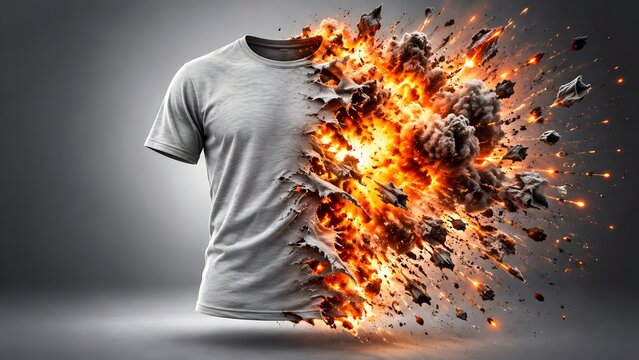Explosion of a gray t shirt disintegrating into fiery debris and smoke against a gradient background dramatic and dynamic visual