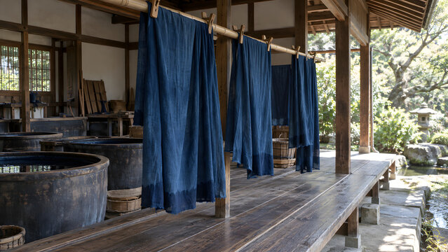 藍染め工房の縁側で布を干す風景