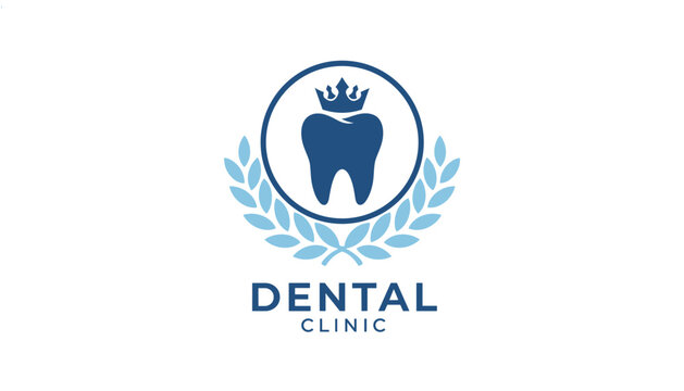 Professional dental clinic logo featuring a blue tooth with a royal crown inside a circle and leafy laurel branches.