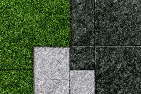  Green lawn beside charcoal and gray stone pavers, landscaped outdoor surface