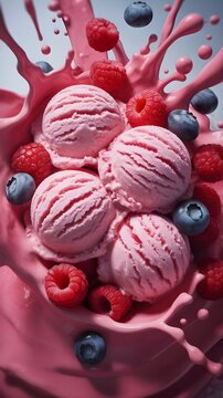 Din&aacute;mico salpic&oacute;n de crema o batido rosa con bolas de helado de fresa, ar&aacute;ndanos y frambuesas frescas