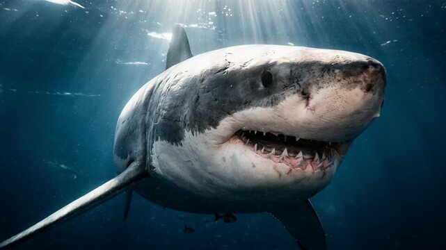 Fierce shark patrols open blue waters under shimmering sunbeams. Large carnivorous creature navigates deep aquatic environment with mouth slightly open displaying menacing rows of sharp teeth.