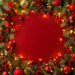 Elegant Christmas frame of fir branches and festive red baubles © Lily
