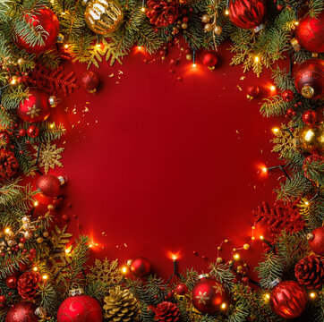 Elegant Christmas frame of fir branches and festive red baubles