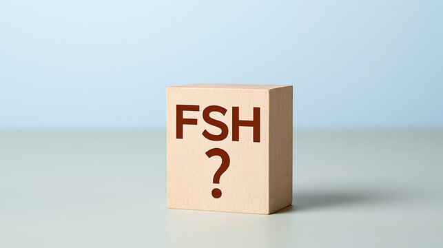 A wooden block with follicle stimulating hormone acronym and question mark text on it, medical hormone level test concept in clinic