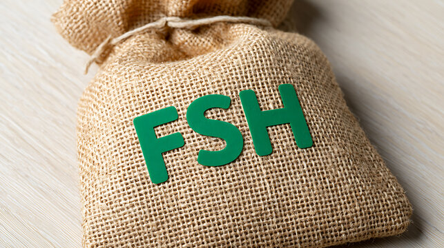A burlap sack on a light wooden background featuring the green text acronym representing follicle stimulating hormone in a medical context