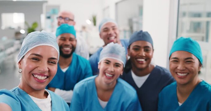 Team, face and doctors in hospital for selfie on social media, post and update for about us. Healthcare, portrait and people with silly photo, pov and memory for surgery success in medical internship