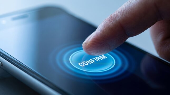 Finger touching confirm button on smartphone screen with blue glow