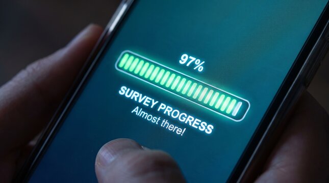 Person holding smartphone displaying survey progress bar at ninety seven percent completion