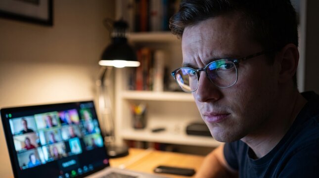 Man wearing glasses attends video conference call on laptop at home office