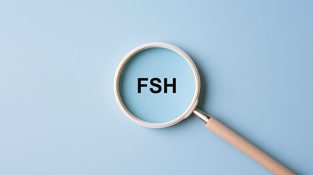 Magnifying glass focused on FSH text on a blue background representing follicle stimulating hormone medical concept and hormonal health check